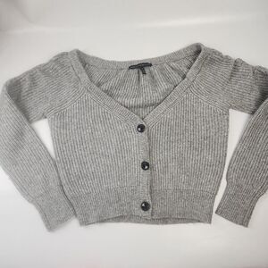 White House Black Market Grey Cropped Cardigan Sweater Sz M Ruched Shoulders